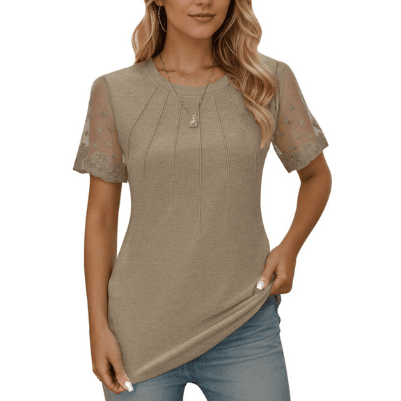 Weardear Womens Short Sleeve Tops Pleated Round Neck Casual T Shirts Blouses