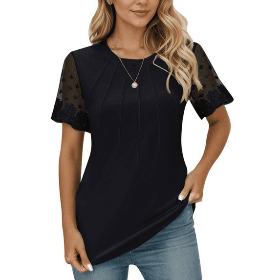 Weardear Womens Short Sleeve Tops Pleated Round Neck Casual T Shirts Blouses