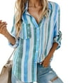 thumbnail image 1 of Weardear Womens Striped Button Down Blouse Long Roll up Sleeve Tunic Shirt Casual Loose Fit V Neck Tops with Pockets S-XXL, 1 of 6
