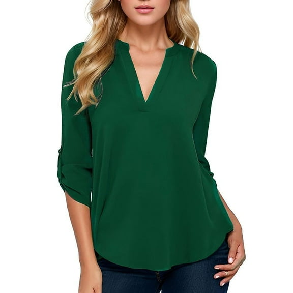Weardear Womens Summer 3/4 Sleeve Roll Tops Chiffon Tunic Blouses Casual V Neck Work Blouses Tops