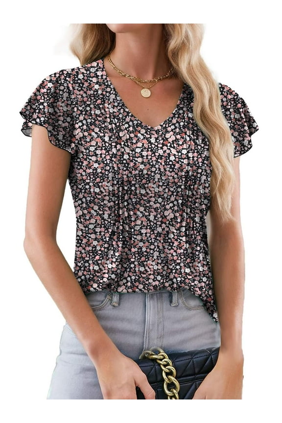 Womens Summer Blouses Boho Floral Ruffle Short Sleeve Tunic Tops Casual Loose V Neck Shirts