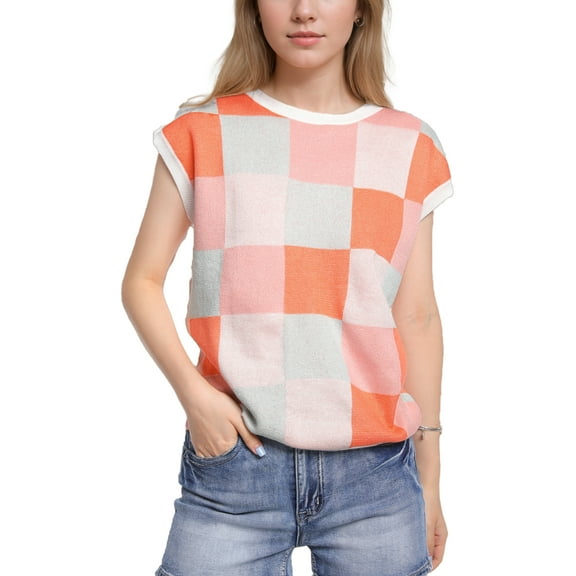 Weardear Womens Cap Sleeve Crop Tops Color Block Going Out Crew Neck Knit Trendy Casual Sweater
