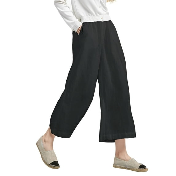 Weardear Womens Summer Casual Loose Pants Cotton Cropped Wide Leg Pants Straight Elastic High Waist Trousers with Pockets