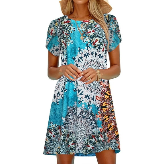 Weardear Womens Summer Casual Short Sleeve Dress Crewneck Swing Comfy Dress Boho Beach T-Shirt Dress with Pockets