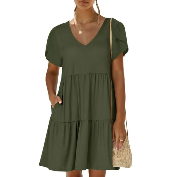 Weardear Womens Summer Ruffle Short Sleeve Dress A Line Tiered Casual V Neck Mini Dress Vacation Beach T-Shirt Dress