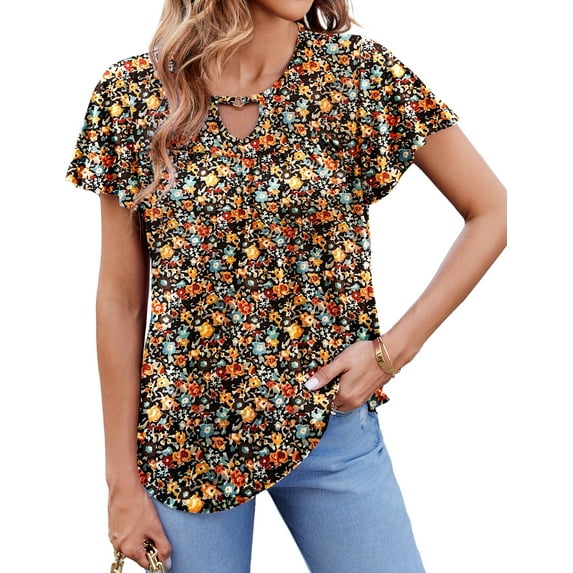 Weardear Womens Summer Short Sleeve Tunic Tops V Neck Floral Boho Blouses Casual Shirts, S-XXL