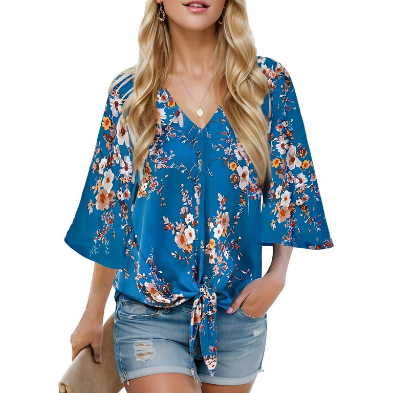 Chiffon Print 3/4 Sleeve V- neck Blouses Chiffon Print 3/4 Sleeve V- neck Blouses