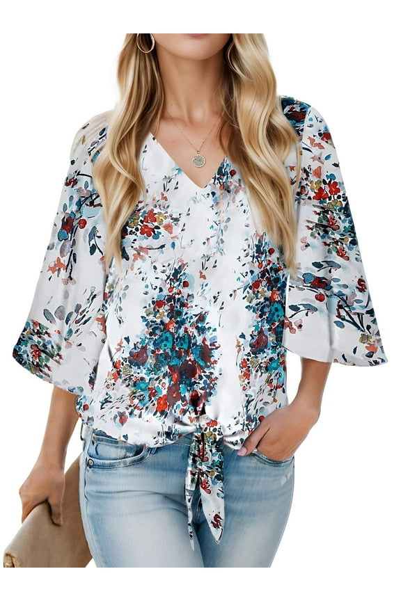 Womens Summer Tops Dressy Casual Tie Front 3/4 Batwing Sleeve Shirts Flowy V Neck Chiffon Blouse