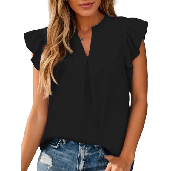 Weardear Womens Summer Tops Casual V Neck Ruffle Short Sleeve Dressy Solid Blouses