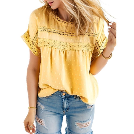 Weardear Womens Summer Tops Round Neck Lace Crochet Short Sleeve Shirts Casual Chiffon Blouses