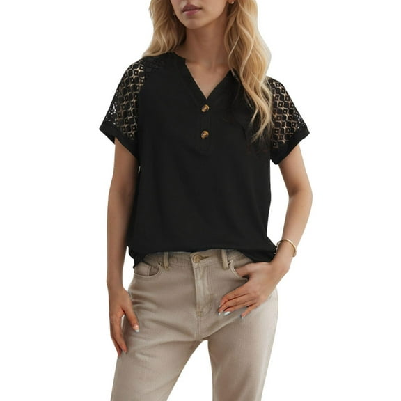 Weardear Womens Summer Tops V Neck Short Sleeve Buttons Tshirts Loose Fit Casual Blouses, S-2XL