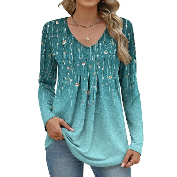 Weardear Women Long Sleeve Shirts V Neck Fall Tops Loose Fit Dressy Casual Blouses Pleated Tunic Tops
