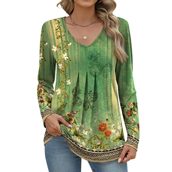 Weardear Women Long Sleeve Shirts V Neck Fall Tops Loose Fit Dressy Casual Blouses Pleated Tunic Tops