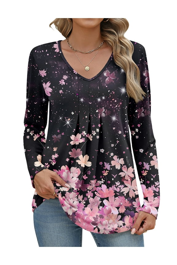 Women Long Sleeve Shirts V Neck Fall Tops Loose Fit Dressy Casual Blouses Pleated Tunic Tops