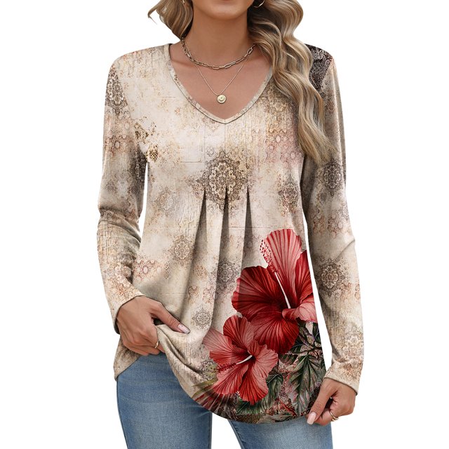 Weardear Women Long Sleeve Shirts V Neck Fall Tops Loose Fit Dressy Casual Blouses Pleated Tunic Tops
