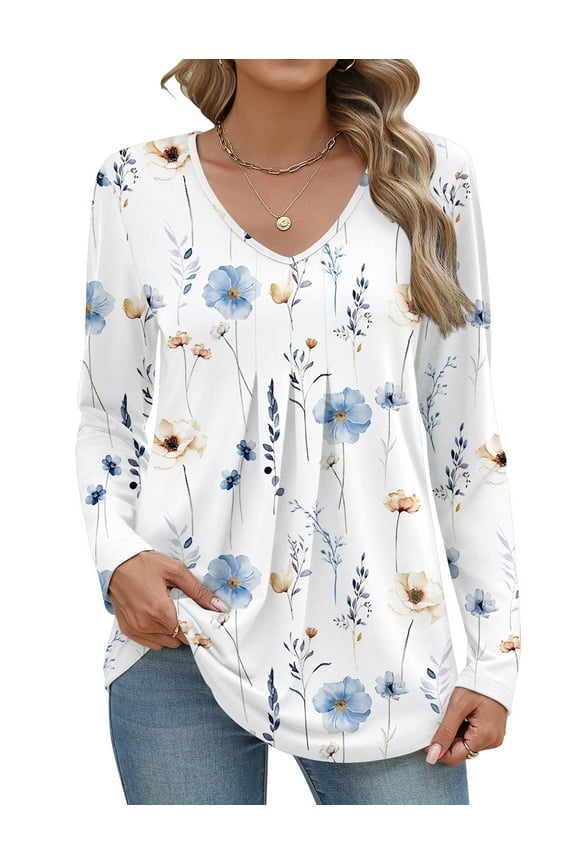Women Long Sleeve Shirts V Neck Fall Tops Loose Fit Dressy Casual Blouses Pleated Tunic Tops