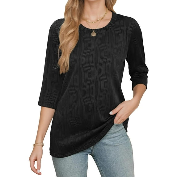Weardear Womens Tops Dressy Casual 3/4 Sleeve Round Neck Shirts Loose Fit Blouses