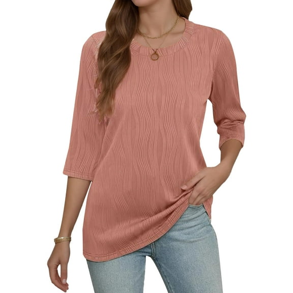Weardear Womens Tops Dressy Casual 3/4 Sleeve Round Neck Shirts Loose Fit Blouses