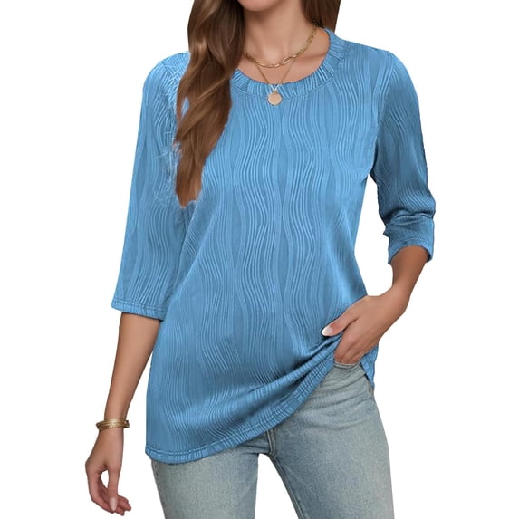 Weardear Womens Tops Dressy Casual 3/4 Sleeve Round Neck Shirts Loose Fit Blouses
