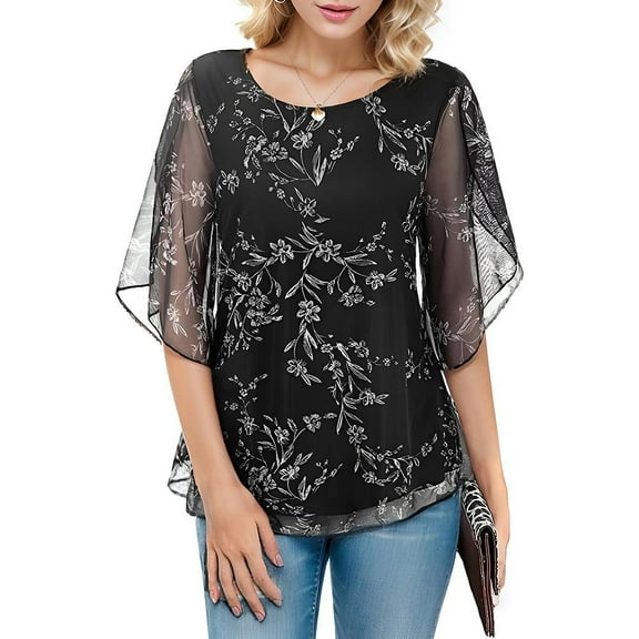 Weardear Womens Tops Ruffle 3/4 Sleeve Mesh Blouses Loose Flowy Tops Stretchy Shirts