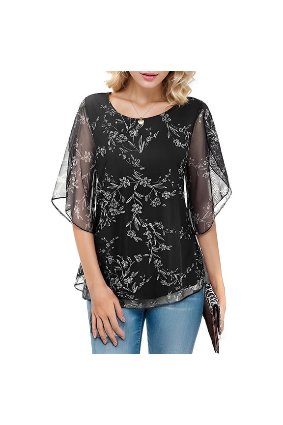 Womens Tops Ruffle 3/4 Sleeve Mesh Blouses Loose Flowy Tops Stretchy Shirts