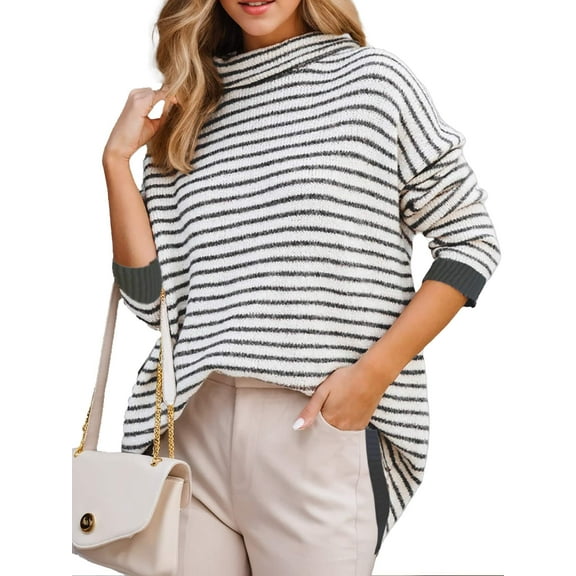 Weardear Womens Turtleneck Pullover Sweaters 2024 Striped Warm Long Sleeve Knit Tunic Jumper Tops
