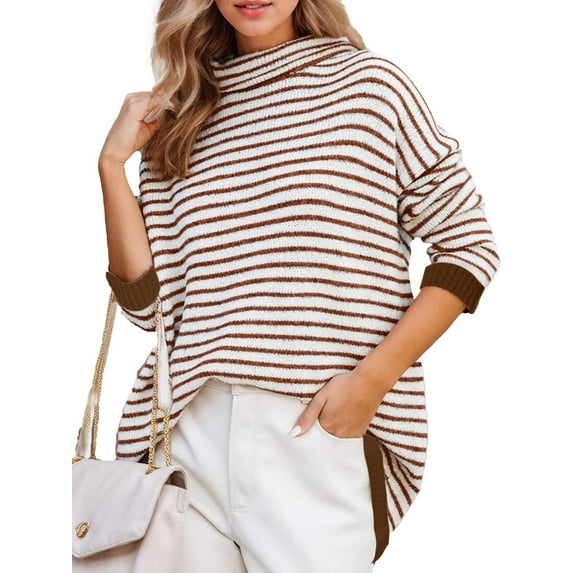 Weardear Womens Turtleneck Pullover Sweaters 2024 Striped Warm Long Sleeve Knit Tunic Jumper Tops