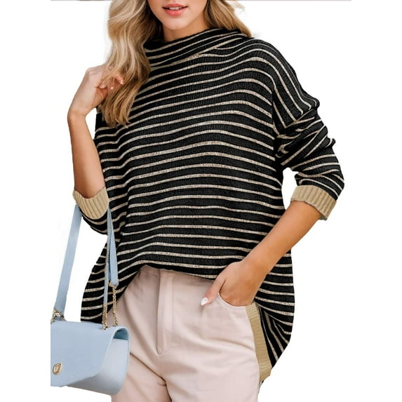 Weardear Womens Turtleneck Pullover Sweaters 2024 Striped Warm Long Sleeve Knit Tunic Jumper Tops