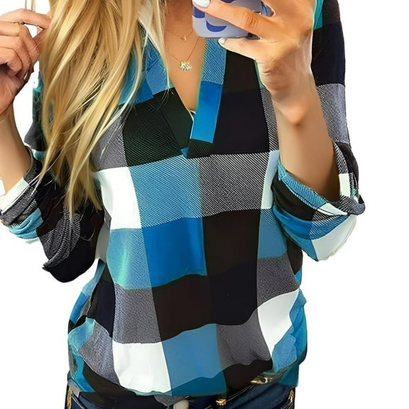 Weardear Womens V Neck Basic Plaid Print Cotton Cuffed Shirts Long Sleeve Work Tops Blouses S-5XL