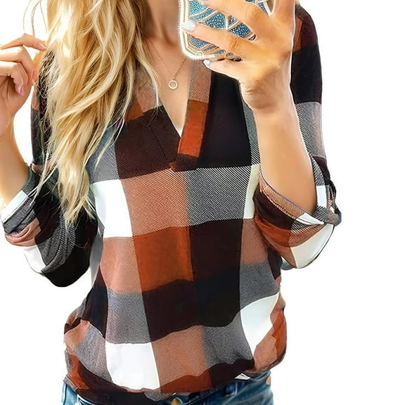 Weardear Womens V Neck Basic Plaid Print Cotton Cuffed Shirts Long Sleeve Work Tops Blouses S-5XL