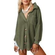 WEARDEAR Womens Waffle Knit Shacket Jacket Casual Long Sleeve Button Down Shirts Dressy Blouses Tops