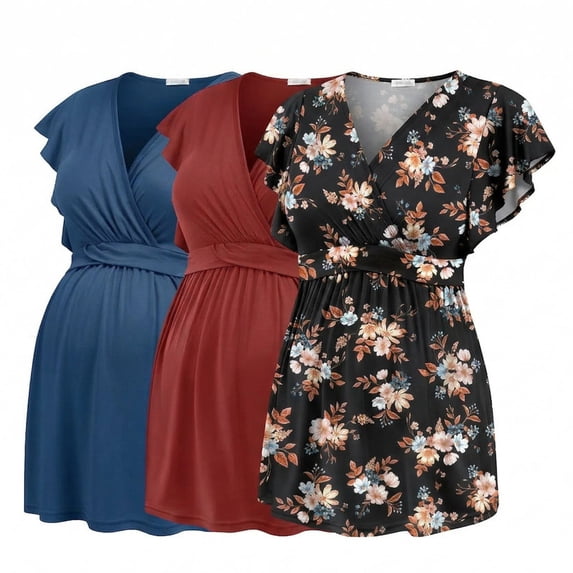 Weardear 3 Pack Maternity Tops Flying Shorts Sleeve Nursing Shirts V Neck Ruched Twisted Pregnancy Clothes