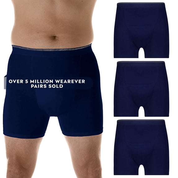 Wearever Men's Incontinence Underwear Washable Boxer Briefs, Maximum Absorbency 3-Pack, Navy 2X
