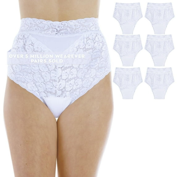 Wearever Women's Lovely Lace Incontinence Underwear, Regular Absorbency Bladder Control Panties, Reusable 6-Pack