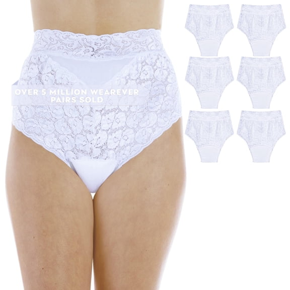 Wearever Women's Lovely Lace Incontinence Underwear, Regular Absorbency Bladder Control Panties, Reusable 6-Pack
