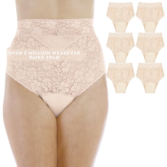 Wearever Women's Lovely Lace Incontinence Underwear, Regular Absorbency Bladder Control Panties, Reusable 6-Pack