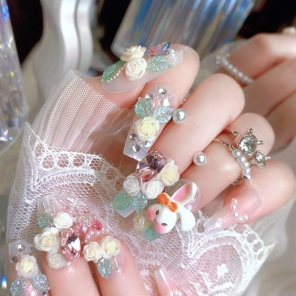 Wearing Nail Finished Nail Piece Cartoon Rabbit Flower Nail Piece Fairy Fashion Premium Fake Nail Patch U90