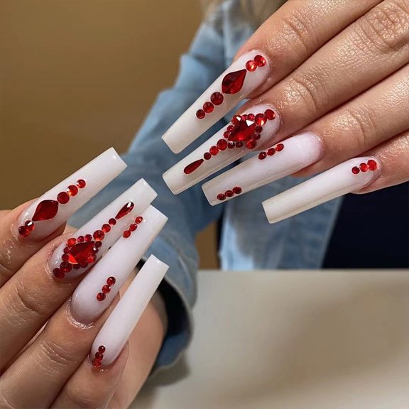 Wearing Nail Long Ballet White Red Stacked Diamond Nail Pieces Finished Nail Pieces Wholesale Nail Patches Wearing Nail Pieces