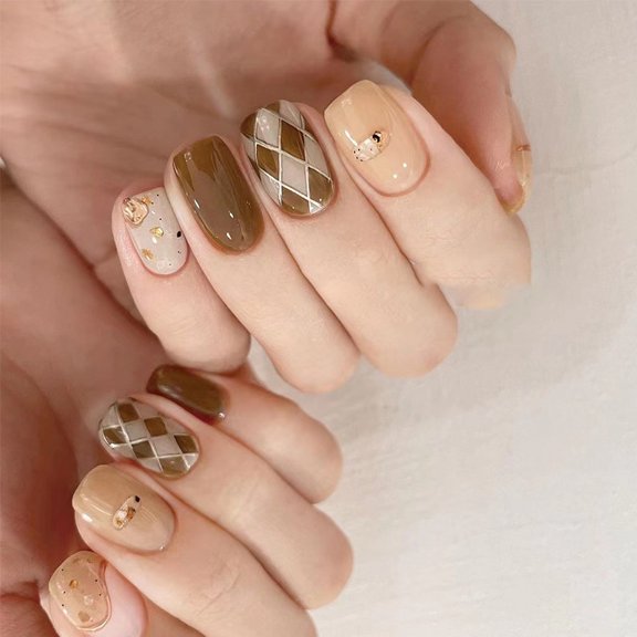 Wearing Nail Short Retro Wearing Nail Art Finished Wholesale Brown Rhombus Nail Art Tablets Nail Art Finished Fake Nails