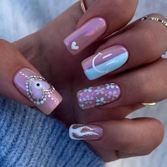 Wearing armor finished white flame polka dots ins wind wearing armor gold glitter love pink blue flower nail piece