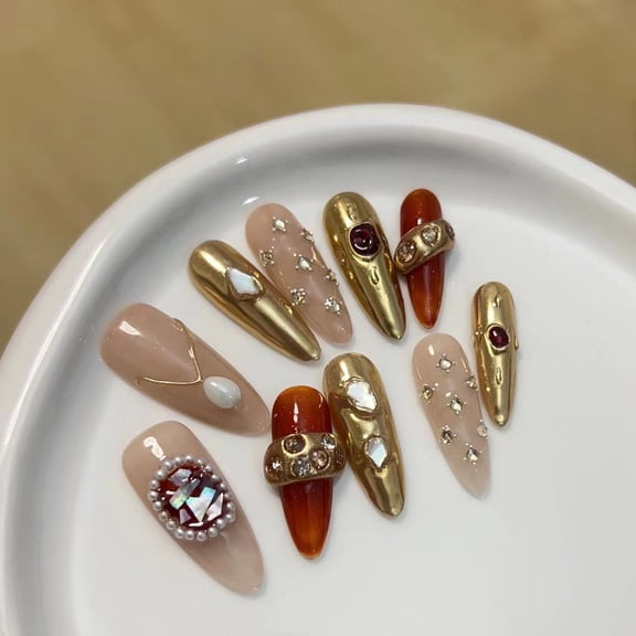 Wearing nail Pure handmade nail art Finished fake nail patch High-tech magic mirror Metal sense opal nude water drop nail