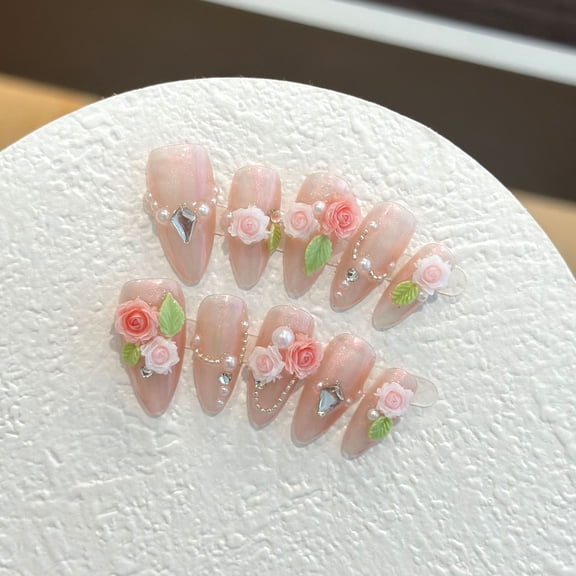 Wearing nail camellia pink cat eye nail patch removable magic mirror powder almond light therapy nail finished product gradual change