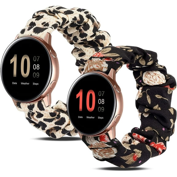 Wearlizer 2 Packs Compatible with Samsung Galaxy Watch 4 Band Active 2 Scrunchie Soft Cloth 20 mm Cute Printed Elastic Watch Bands Women Stretchy Wristband