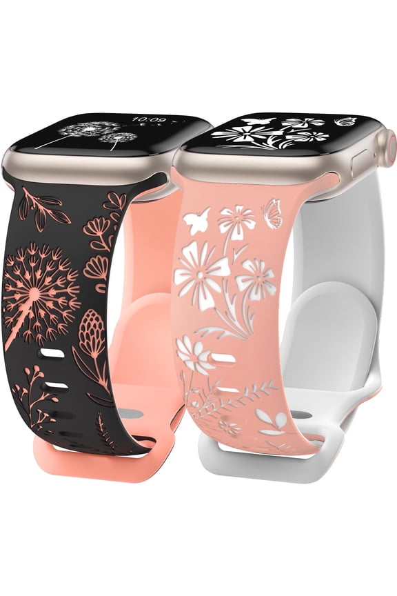 2 Packs Engraved Band Compatible with Apple Watch Bands 41mm 40mm 38mm 49mm 46mm 45mm 44mm 42mm Women, Cute Two-Tone Flower Soft Silicone Sport Strap for iWatch 10 9 8 7 6 5 4 3 SE Ultra