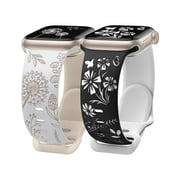 Wearlizer 2 Packs Engraved Band Compatible with Apple Watch Bands 41mm 40mm 38mm 49mm 46mm 45mm 44mm 42mm Women, Cute Two-Tone Flower Soft Silicone Sport Strap 