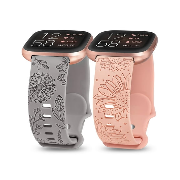 Wearlizer 2 Packs Floral Engraved Band Compatible with Fitbit Versa 2/ Versa/Versa Lite Bands Women, Cute Soft Silicone Sunflower Dandelion Sport Designer Fancy Summer Strap for Versa 2 Smart Watch