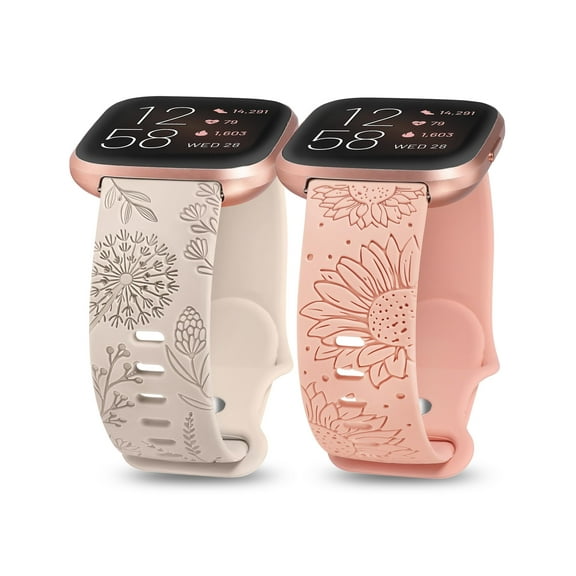Wearlizer 2 Packs Floral Engraved Band Compatible with Fitbit Versa 2/ Versa/Versa Lite Bands Women, Cute Soft Silicone Sunflower Dandelion Sport Designer Fancy Summer Strap for Versa 2 Smart Watch
