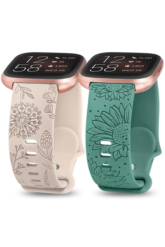 2 Packs Floral Engraved Band Compatible with Fitbit Versa 2/ Versa/Versa Lite Bands Women, Cute Soft Silicone Sunflower Dandelion Sport Designer Fancy Summer Strap for Versa 2 Smart Watch