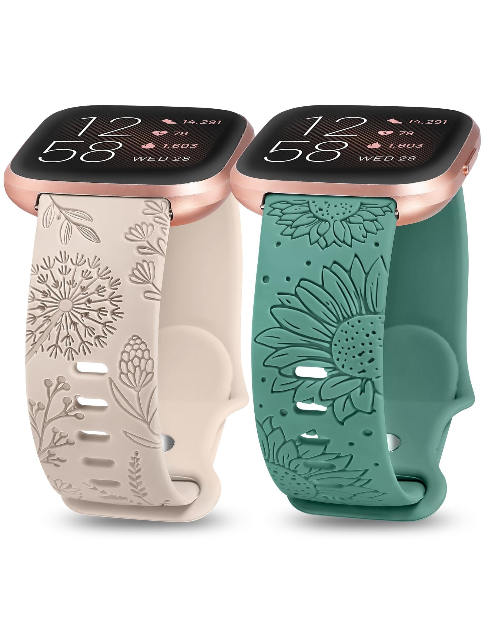 Wearlizer 2 Packs Floral Engraved Band Compatible with Fitbit Versa 2 Versa Versa Lite Bands Women Cute Soft Silicone Sunflower Dandelion Sport