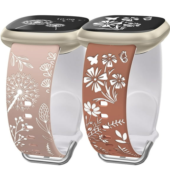 Wearlizer 2 Packs Floral Engraved Band Compatible with Fitbit Versa 4 Bands/Versa 3 Bands/Sense 2/Sense Bands Women, Cute Two-Tone Flower Soft Silicone Sport Strap for Versa 3 4 Sense 2 Watch Band